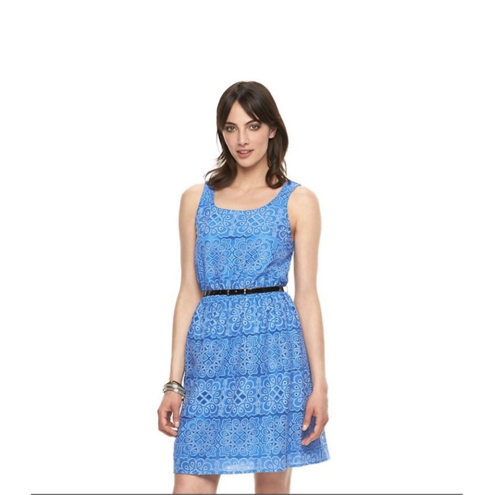 Blue Lace Sleeveless Dress with Belt Elle Party L